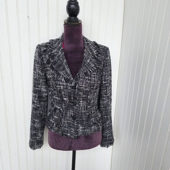 JS Collections Woven Plaid Tweed Jacket Black White Frayed Fringe Trim Sz 8 - Picture 1 of 14